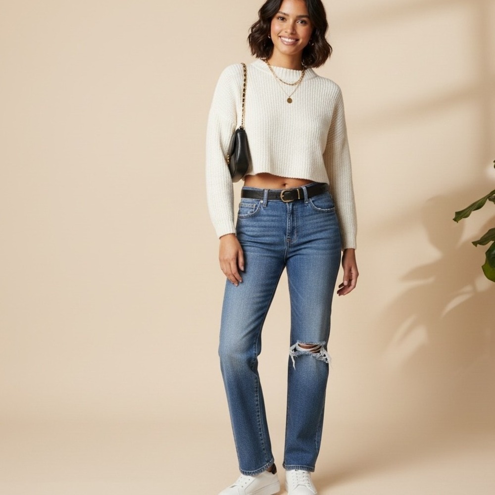 Levi's Premium Ribcage Straight Jeans‎ Size 29 High Rise Distressed Knee Denim